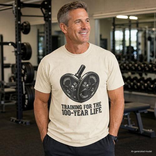 100-Year Life T-Shirt lifestyle image with AI-generated model