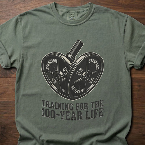 100-Year Life strength training t-shirt featuring heart-shaped weight plates and barbell design – Moss