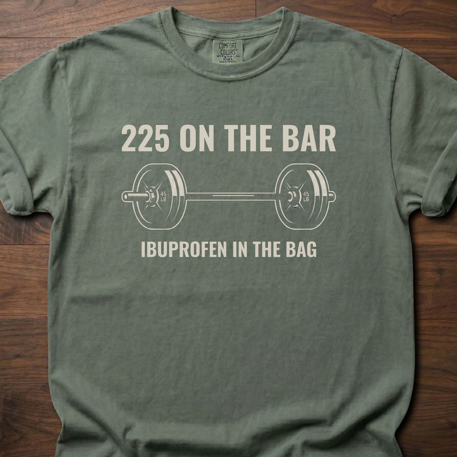225 On The Bar T-Shirt featuring barbell graphic and ibuprofen humor for gym lifestyle shirts – Moss