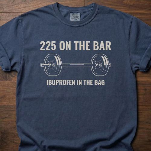 225 On The Bar T-Shirt featuring barbell graphic and ibuprofen humor for gym lifestyle shirts – Navy
