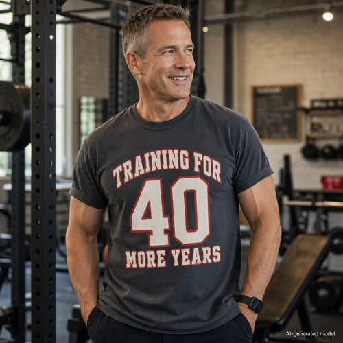 40 More Years T-Shirt lifestyle image with AI-generated model