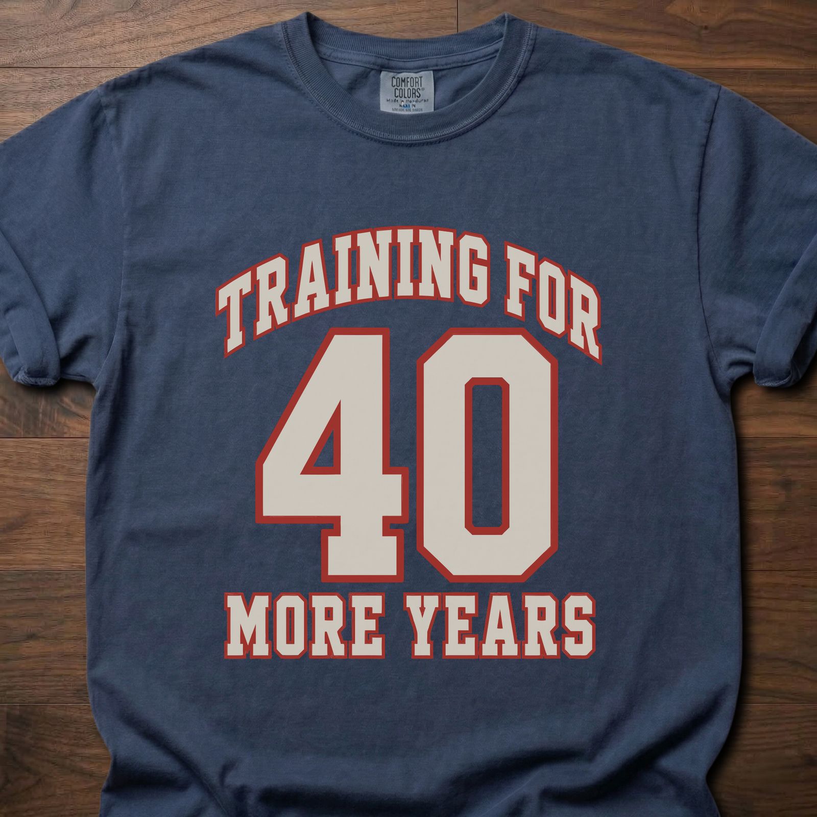 40 More Years strength training t-shirt with athletic varsity number design – Navy