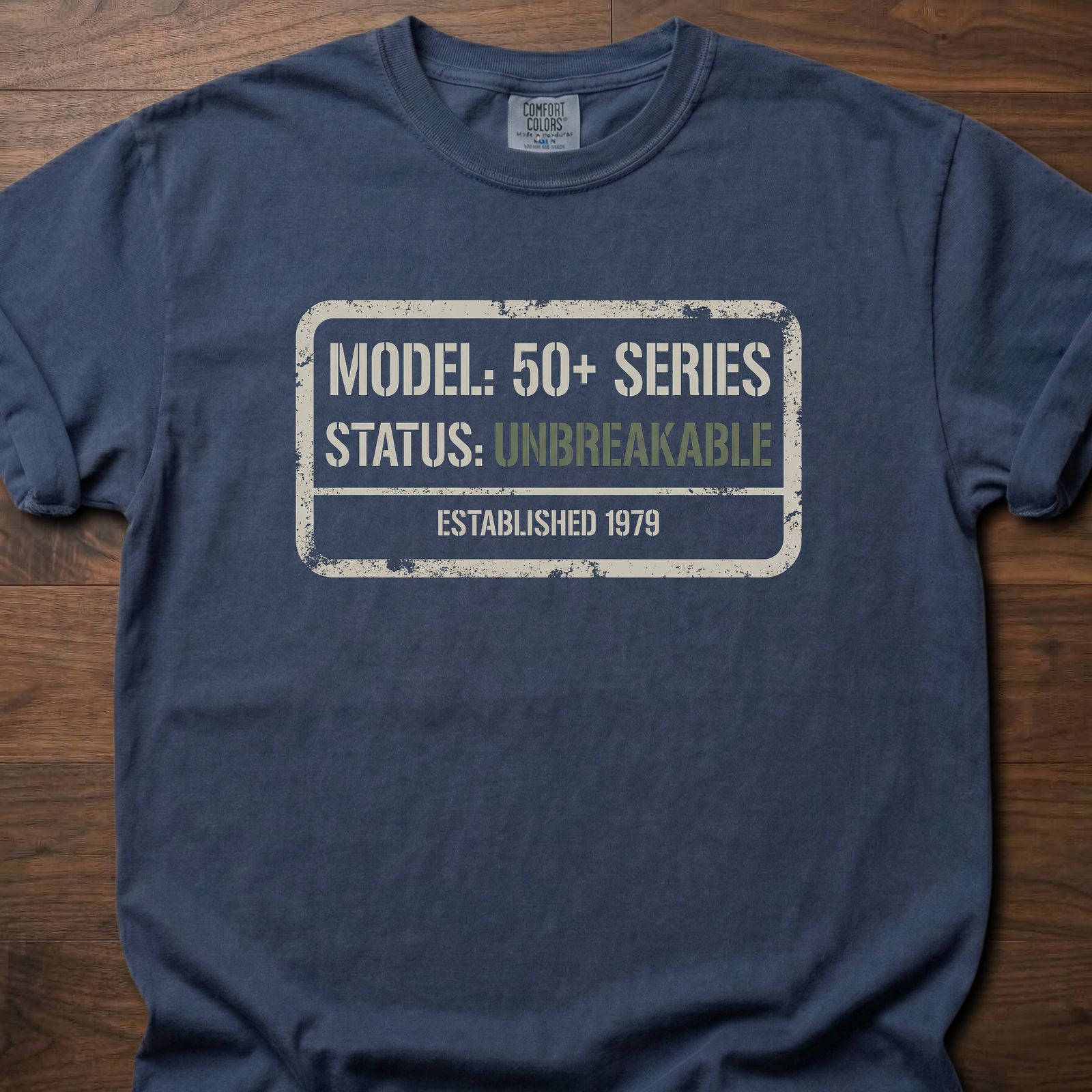 50+ Unbreakable T-Shirt with model series badge design for longevity fitness apparel – Navy