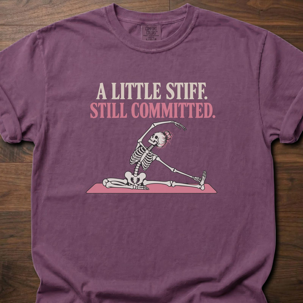 A Little Stiff funny gym shirt with retro bold type and illustrated fitness graphic – Berry