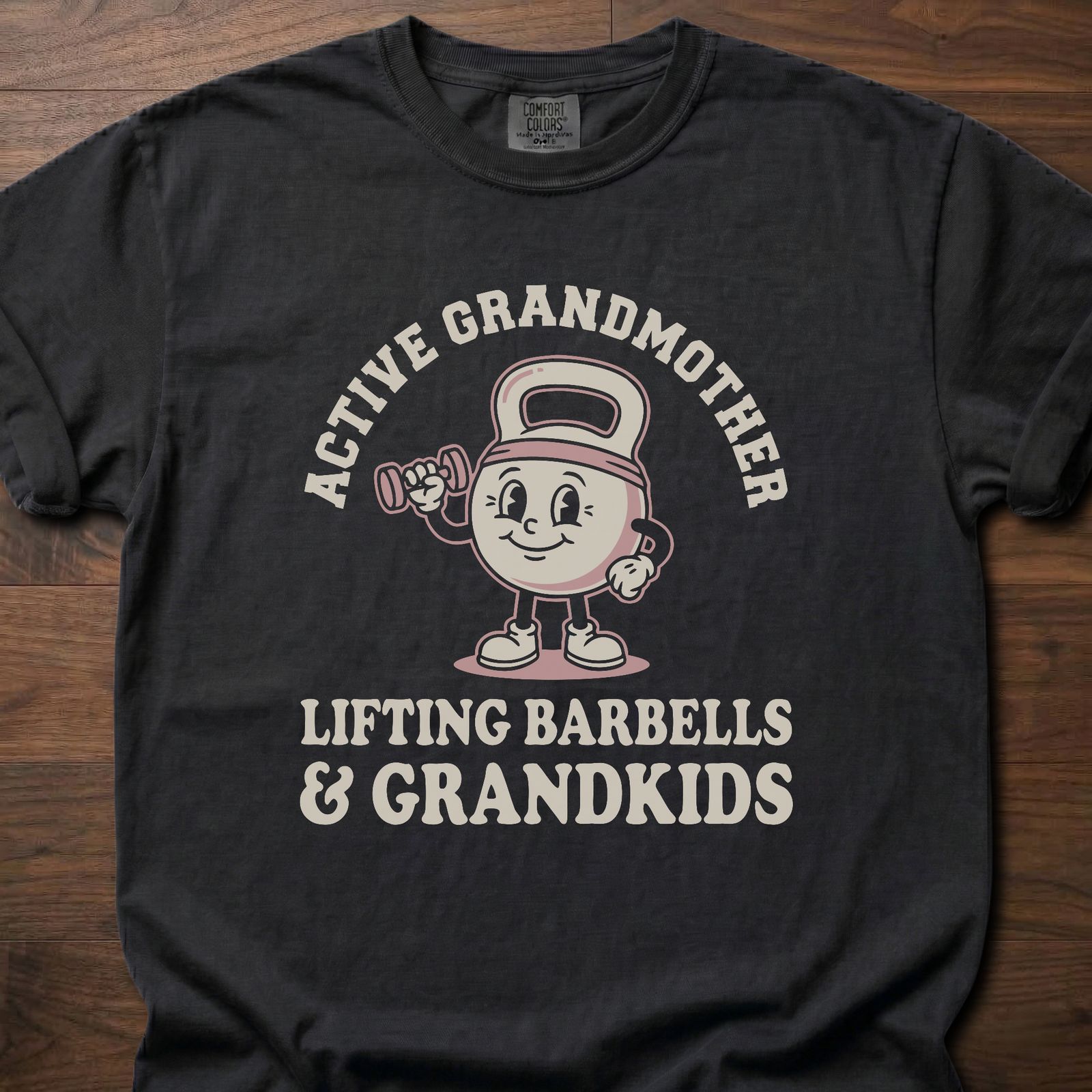 Active Grandmother strength training lifestyle clothing with cartoon character lifting barbells – Black
