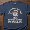 Active Grandmother strength training lifestyle clothing with cartoon character lifting barbells – Navy