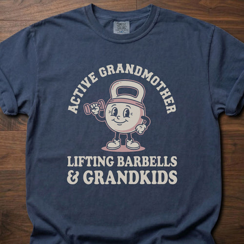 Active Grandmother strength training lifestyle clothing with cartoon character lifting barbells – Navy