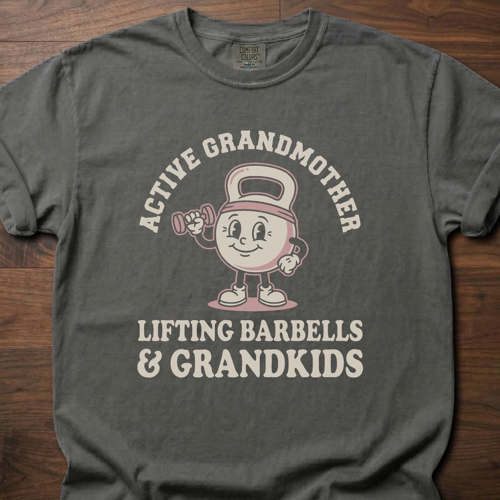 Active Grandmother strength training lifestyle clothing with cartoon character lifting barbells – Pepper