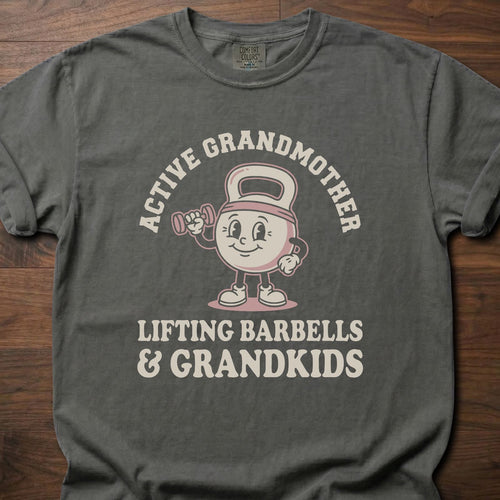 Active Grandmother strength training lifestyle clothing with cartoon character lifting barbells – Pepper