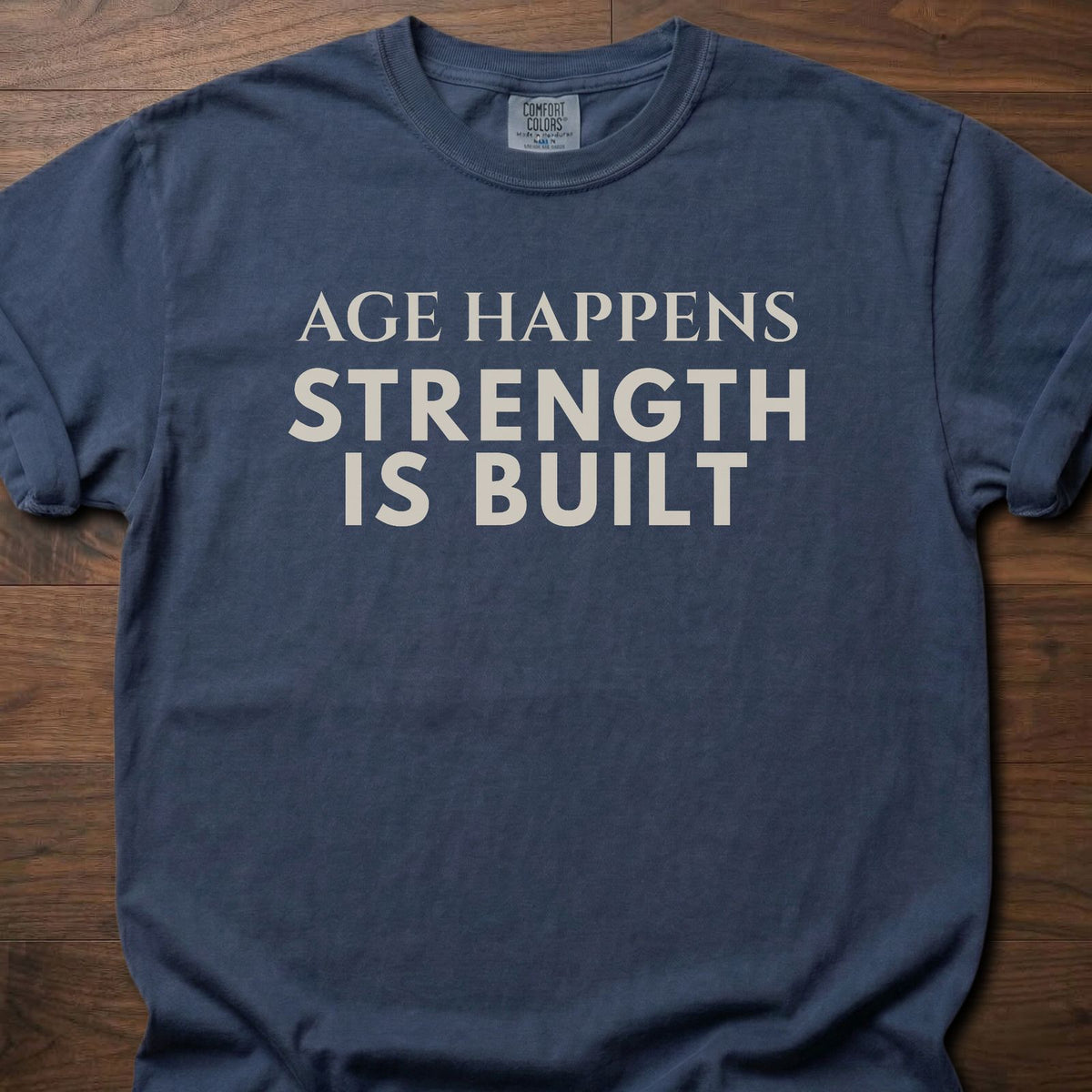 Age Happens strength training t-shirt with clean bold typographic graphic – Navy