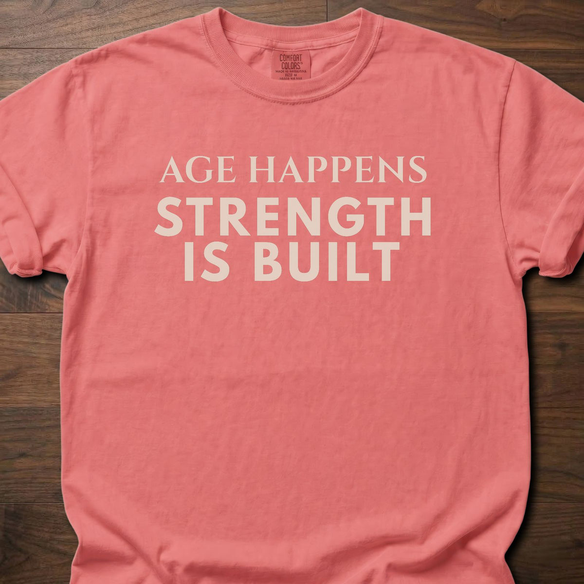 Age Happens strength training t-shirt with clean bold typographic graphic – Watermelon