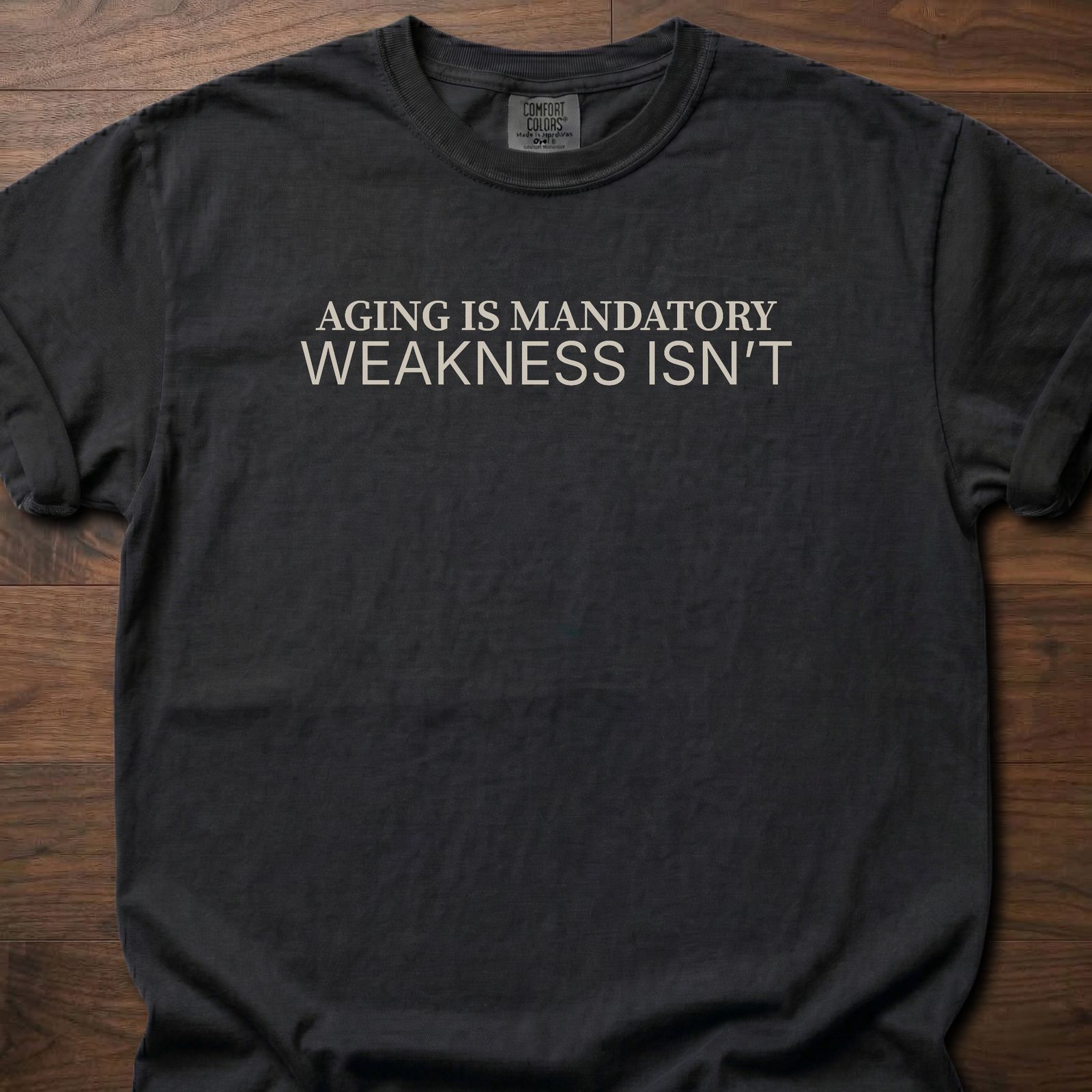 Aging Is Mandatory strength training t-shirt with bold motivational message – Black