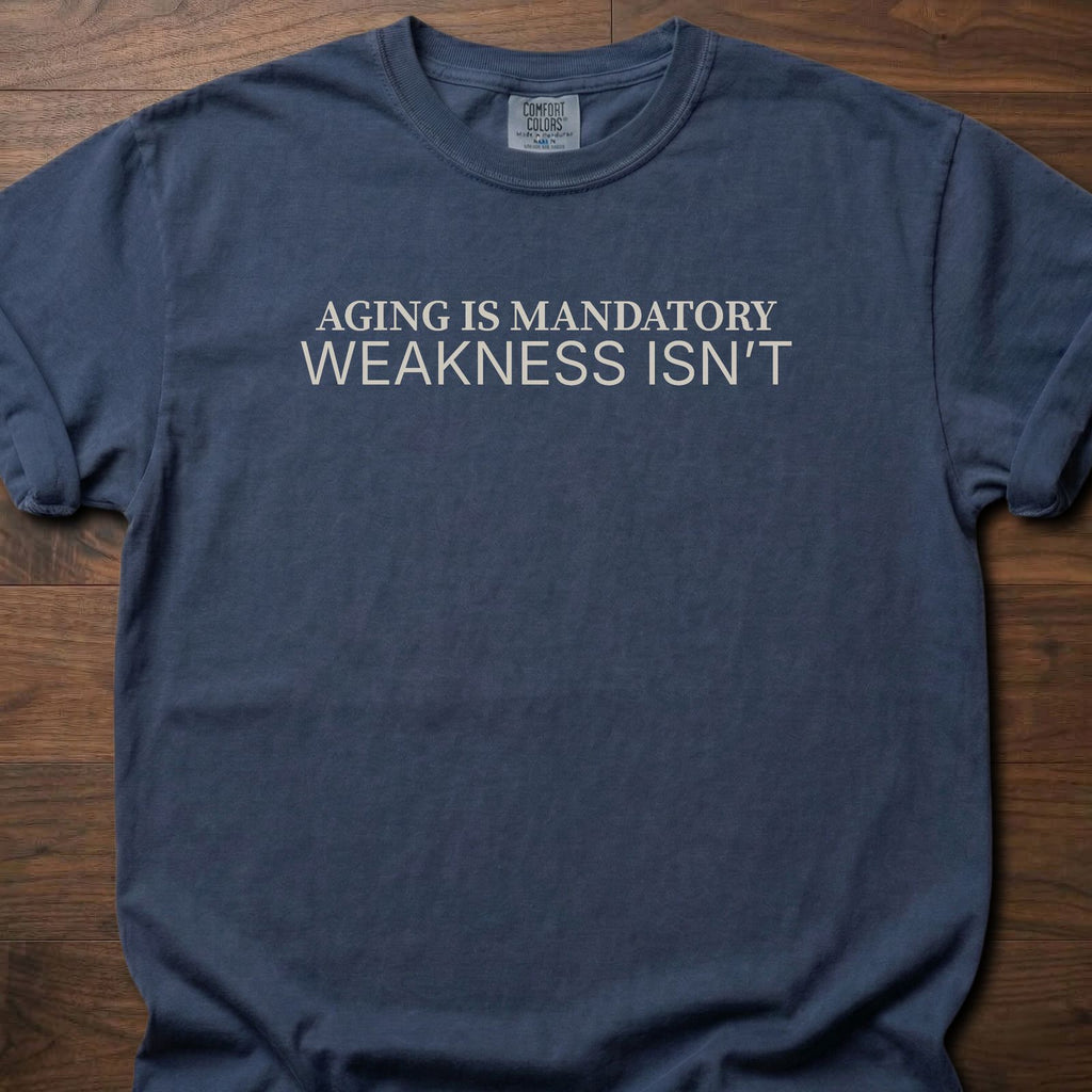 Aging Is Mandatory strength training t-shirt with bold motivational message – Navy