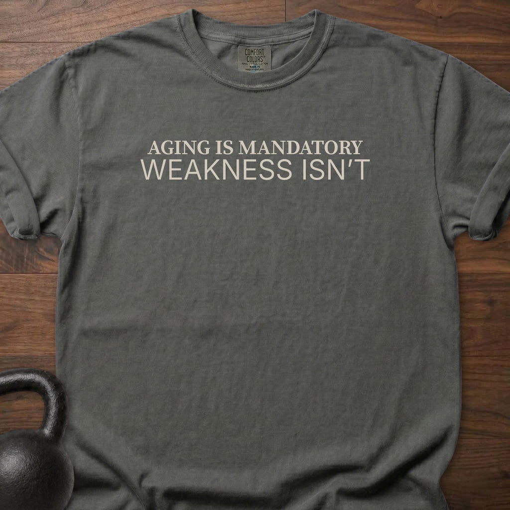 Aging Is Mandatory strength training t-shirt with bold motivational message – Pepper