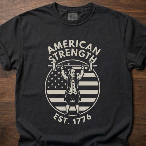 American Strength strength training t-shirt featuring Benjamin Franklin lifting barbell with flag design – Black