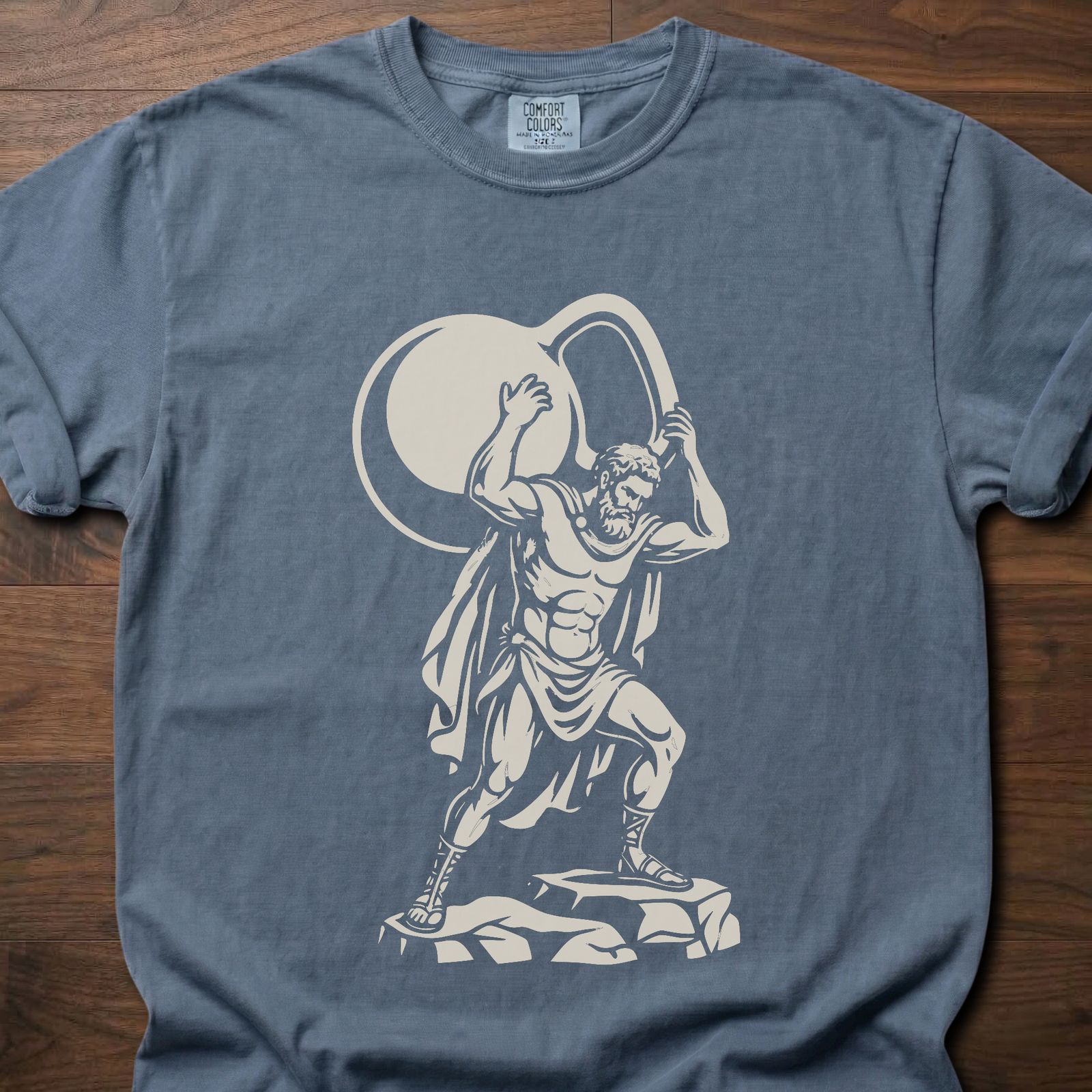 Atlas Kettlebell gym lifestyle shirt featuring muscular figure holding globe design – Blue Jean