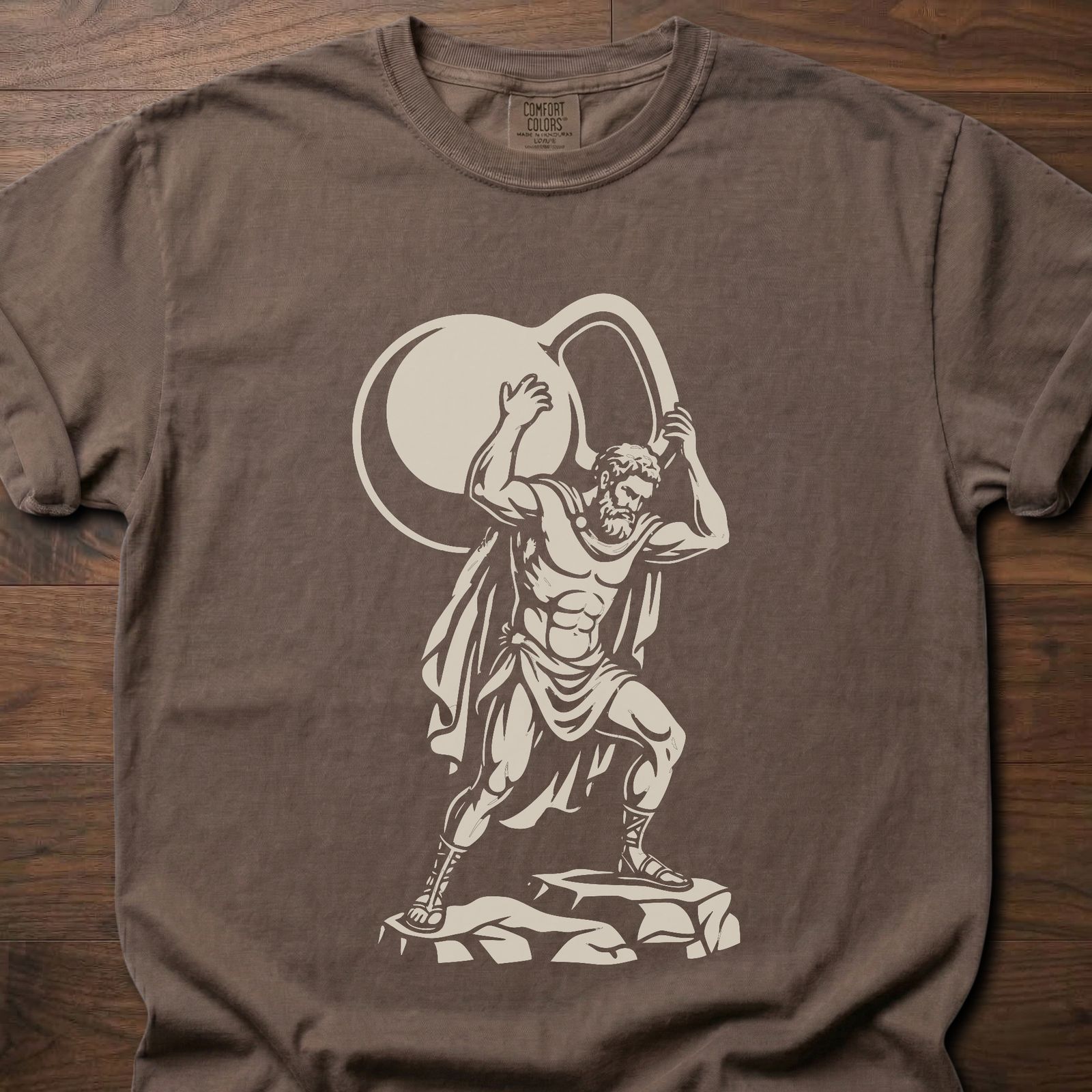 Atlas Kettlebell gym lifestyle shirt featuring muscular figure holding globe design – Espresso