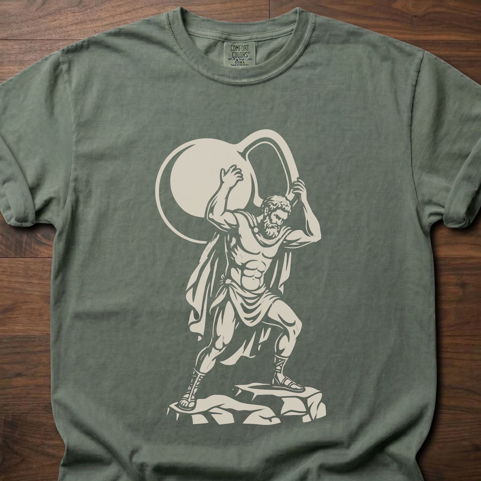 Atlas Kettlebell gym lifestyle shirt featuring muscular figure holding globe design – Moss
