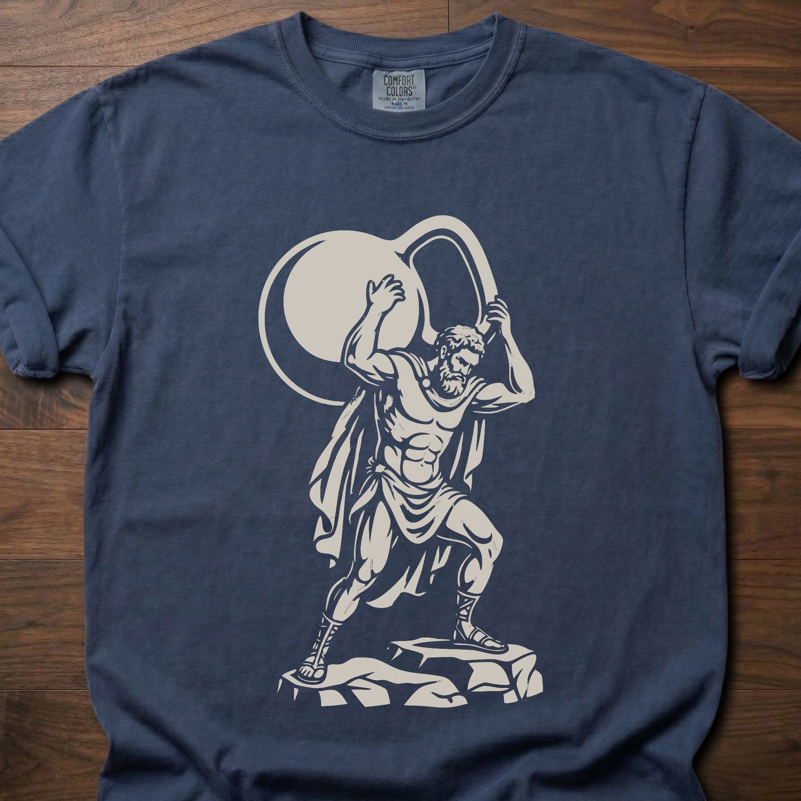 Atlas Kettlebell gym lifestyle shirt featuring muscular figure holding globe design – Navy