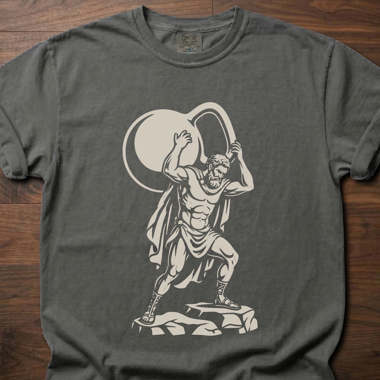 Atlas Kettlebell gym lifestyle shirt featuring muscular figure holding globe design – Pepper