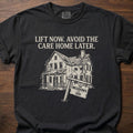 Avoid The Care Home strength training lifestyle clothing with vintage house graphic and Meadows 1951 sign – Black
