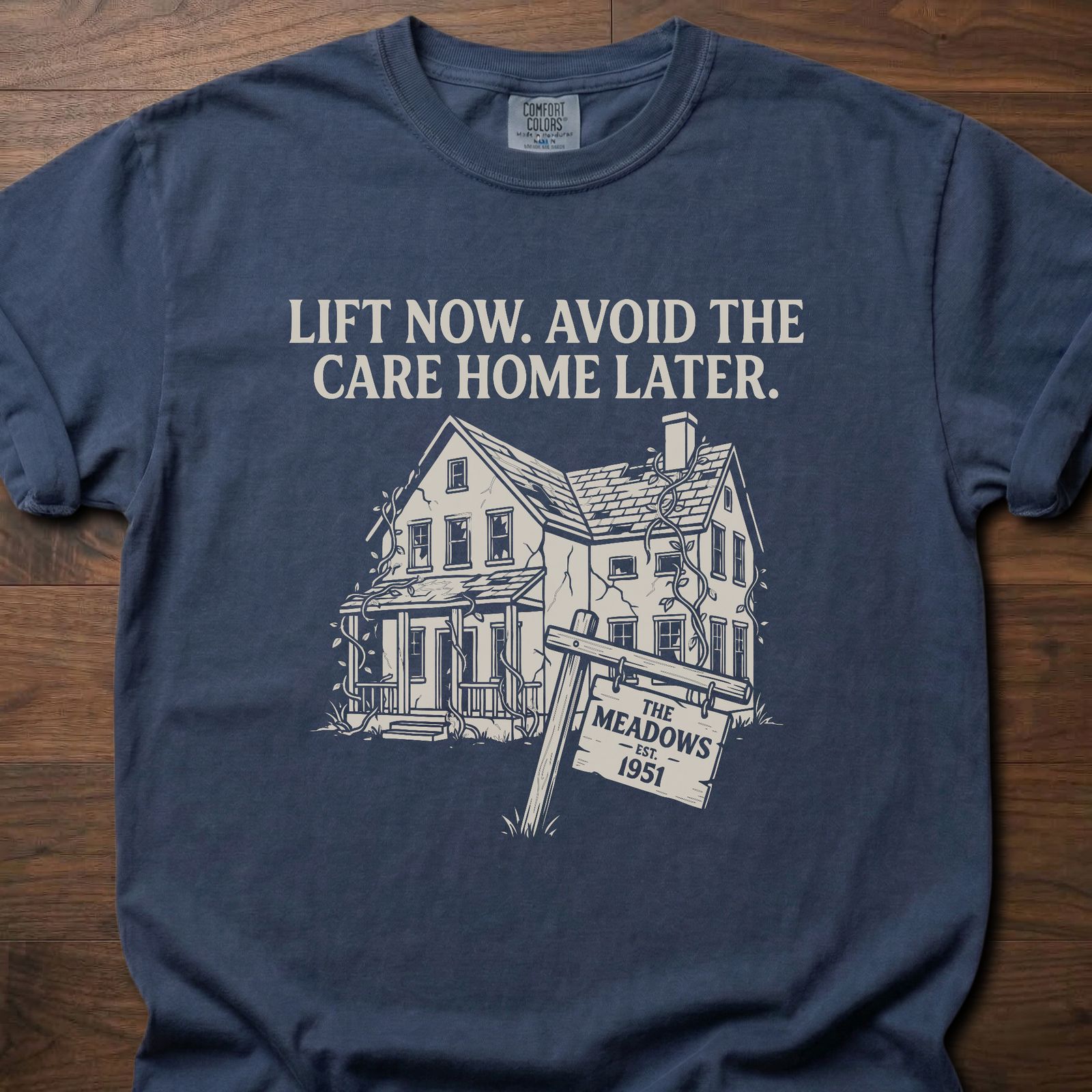 Avoid The Care Home strength training lifestyle clothing with vintage house graphic and Meadows 1951 sign – Navy
