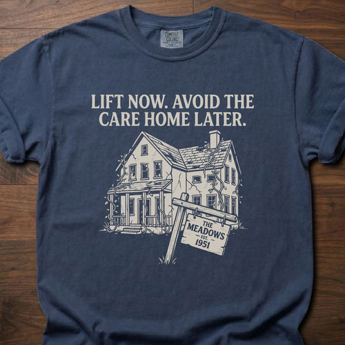 Avoid The Care Home strength training lifestyle clothing with vintage house graphic and Meadows 1951 sign – Navy