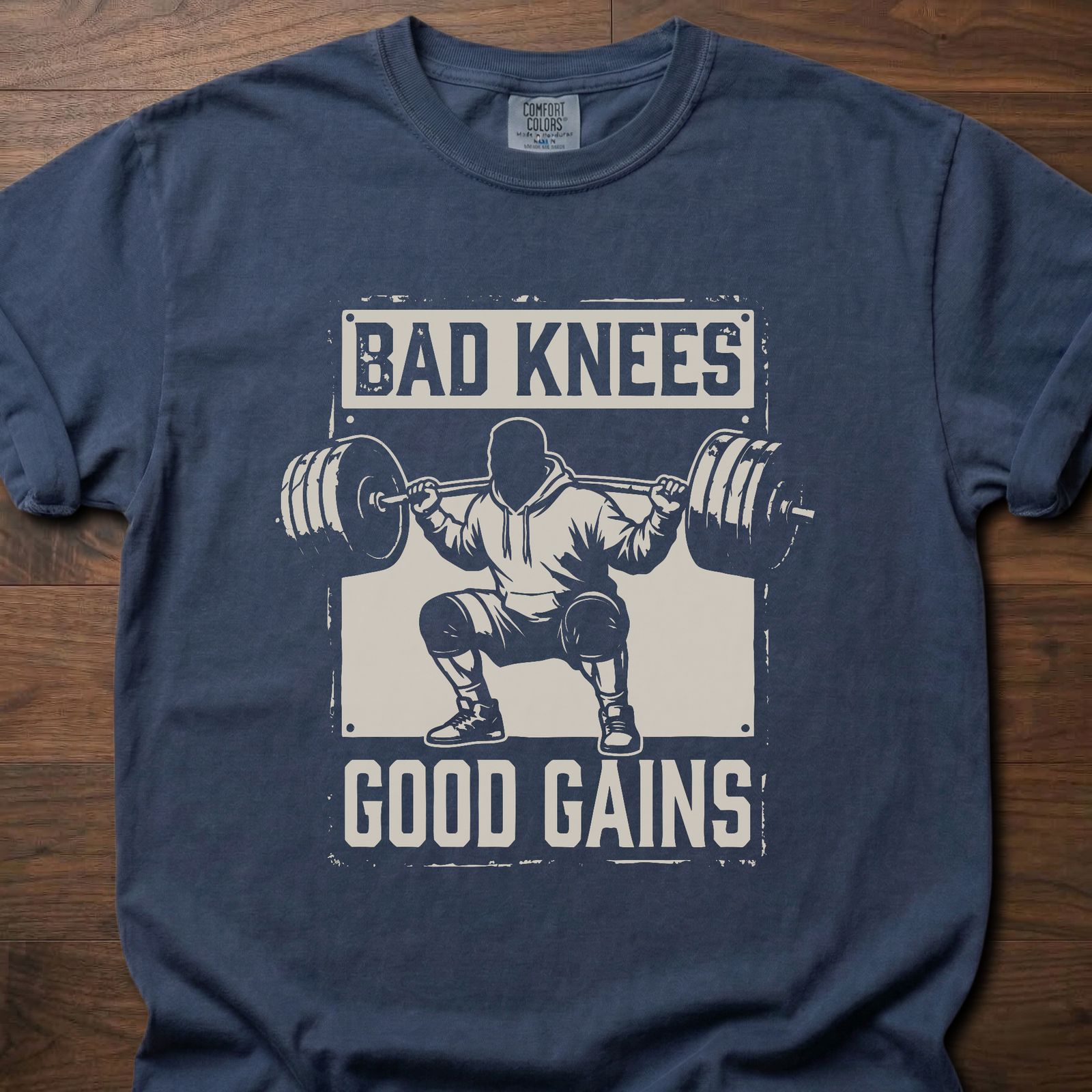 Bad Knees Good Gains strength training t-shirt featuring weightlifter doing barbell squat – Navy