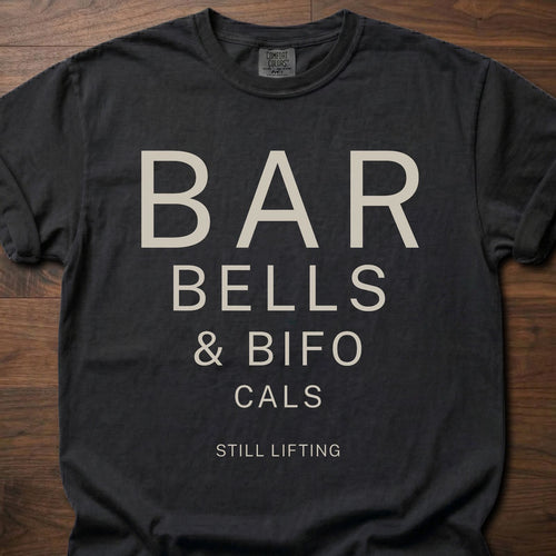 Barbells & Bifocals longevity fitness apparel featuring eye chart style typography design – Black