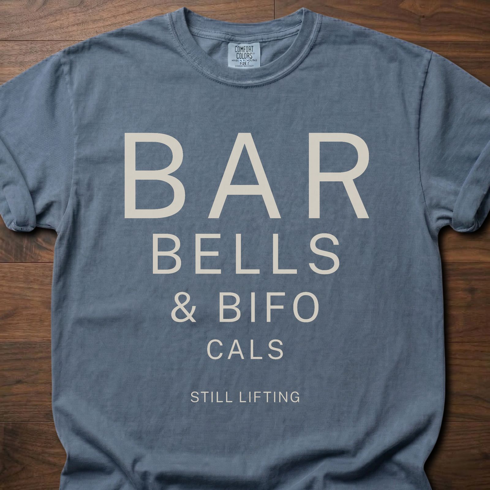 Barbells & Bifocals longevity fitness apparel featuring eye chart style typography design – Blue Jean