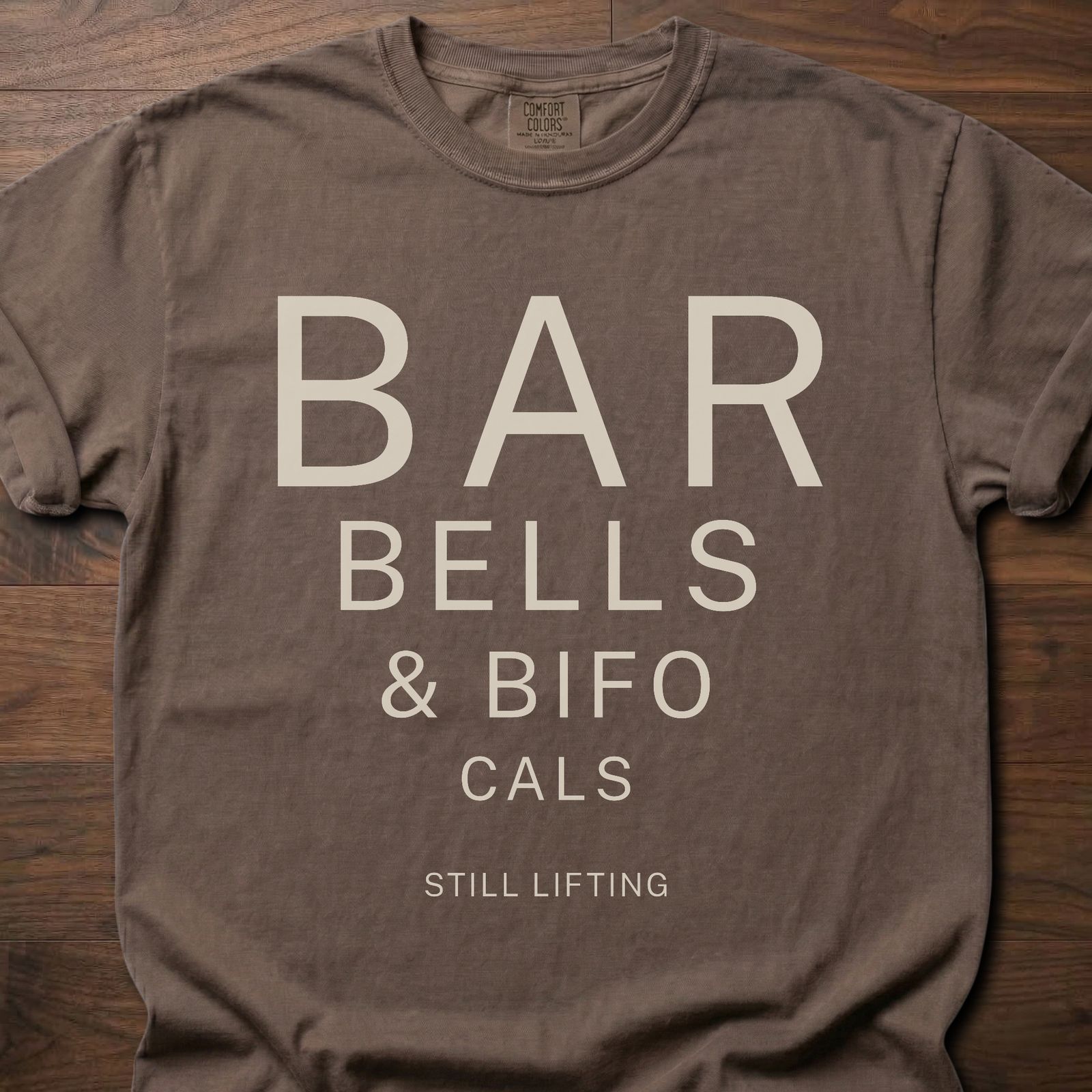 Barbells & Bifocals longevity fitness apparel featuring eye chart style typography design – Espresso