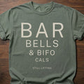 Barbells & Bifocals longevity fitness apparel featuring eye chart style typography design – Moss