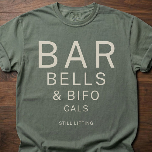 Barbells & Bifocals longevity fitness apparel featuring eye chart style typography design – Moss