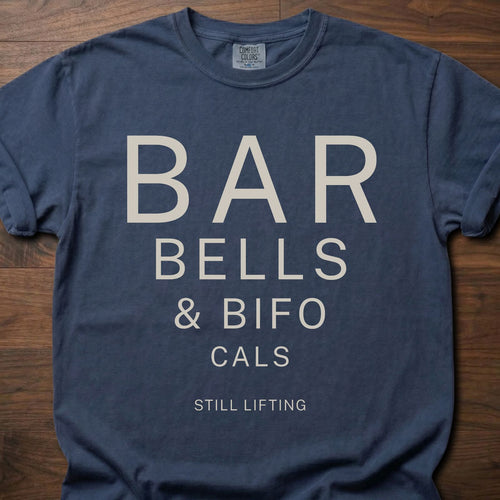 Barbells & Bifocals longevity fitness apparel featuring eye chart style typography design – Navy