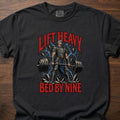 Bed By Nine funny weightlifting shirt with bold vintage comic-style graphic – Black