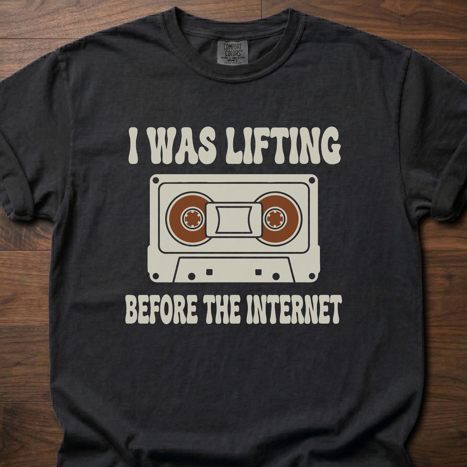 Before The Internet strength training t shirt featuring cassette tape and lifting humor design – Black