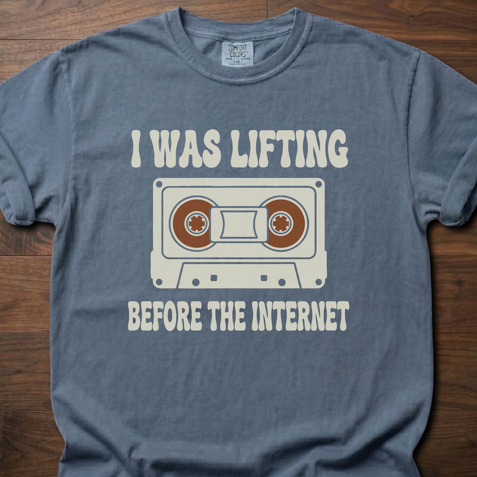 Before The Internet strength training t shirt featuring cassette tape and lifting humor design – Blue Jean
