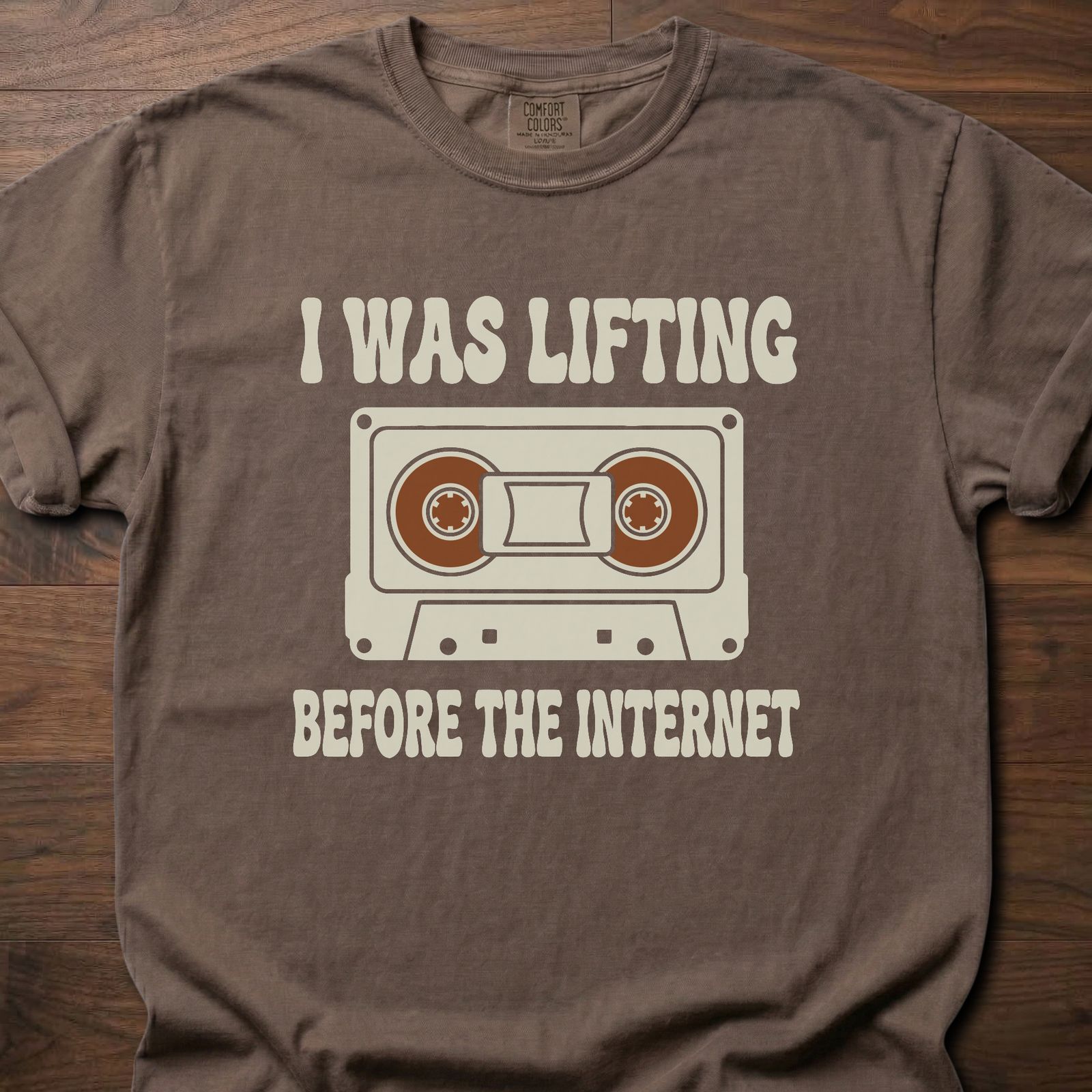 Before The Internet strength training t shirt featuring cassette tape and lifting humor design – Espresso