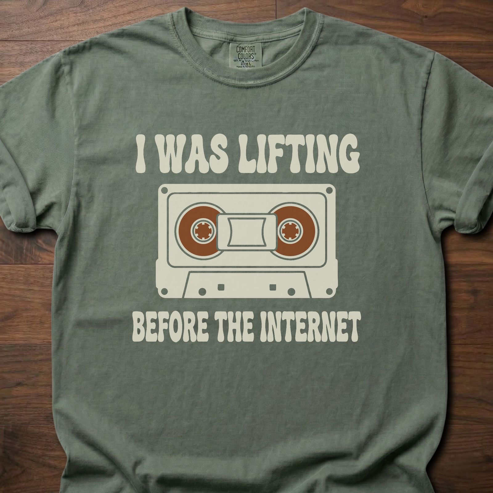 Before The Internet strength training t shirt featuring cassette tape and lifting humor design – Moss