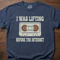 Before The Internet strength training t shirt featuring cassette tape and lifting humor design – Navy