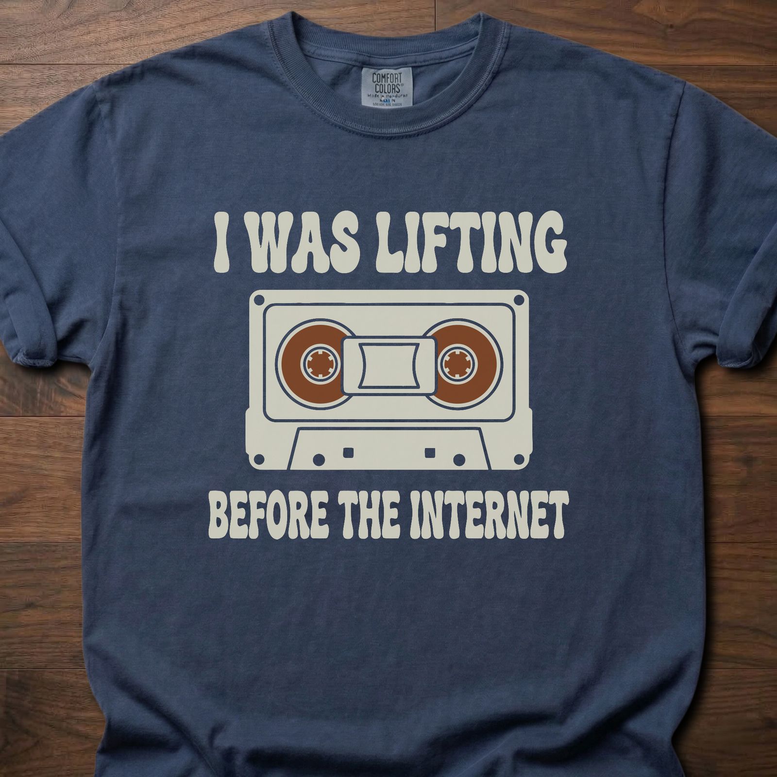 Before The Internet strength training t shirt featuring cassette tape and lifting humor design – Navy