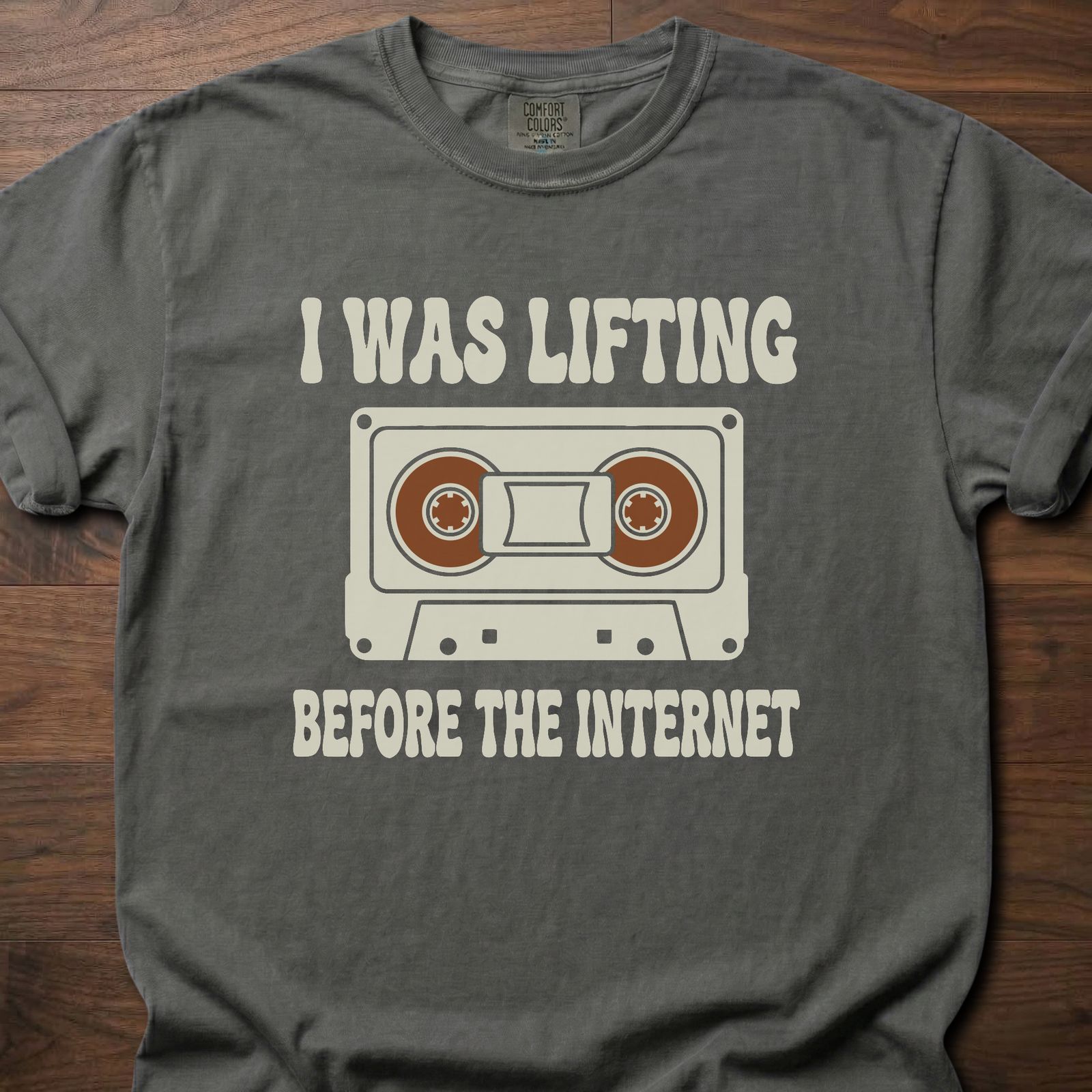 Before The Internet strength training t shirt featuring cassette tape and lifting humor design – Pepper