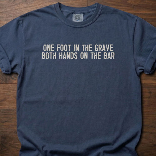 Both Hands On The Bar funny gym shirt with bold distressed block letter graphic – Navy