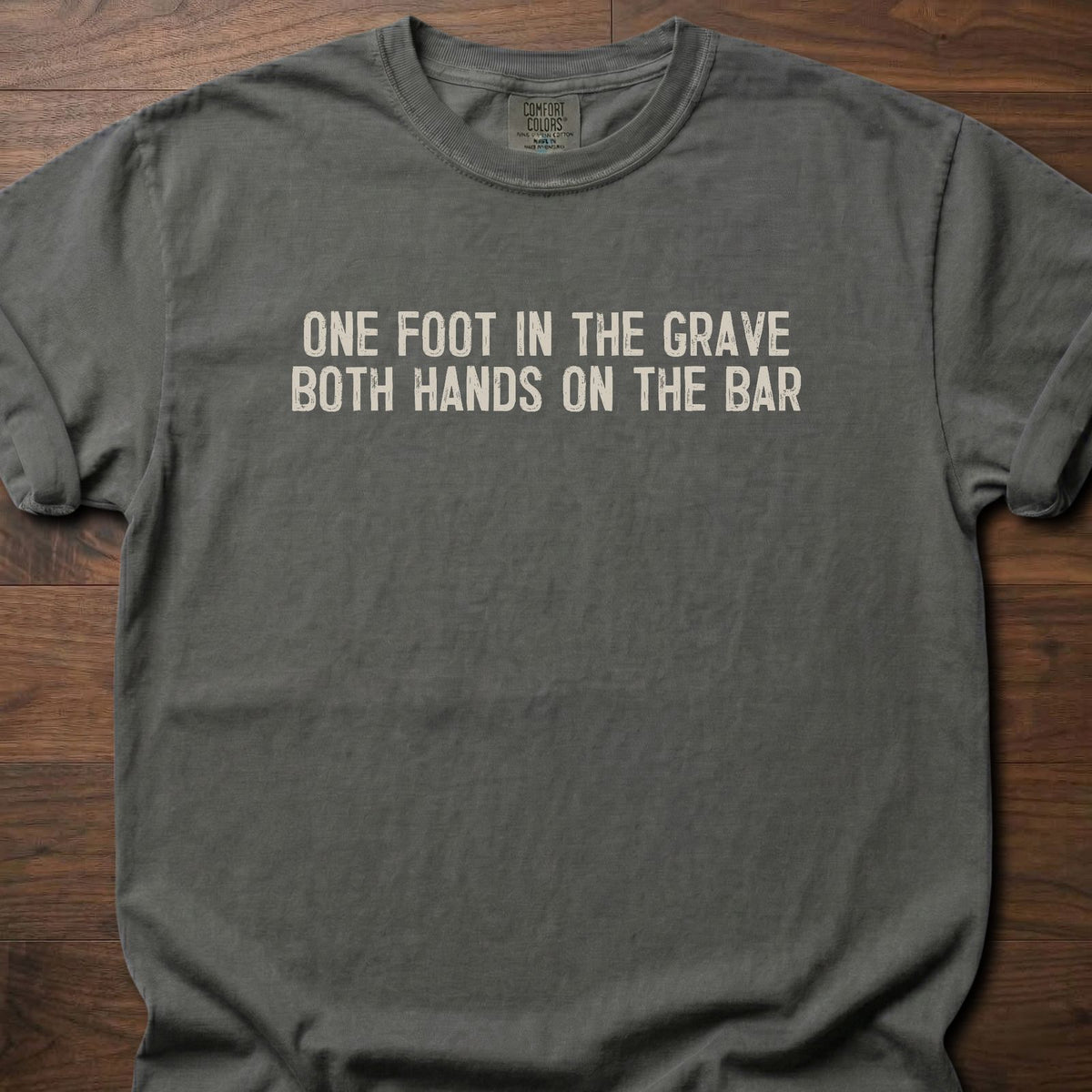 Both Hands On The Bar funny gym shirt with bold distressed block letter graphic – Pepper