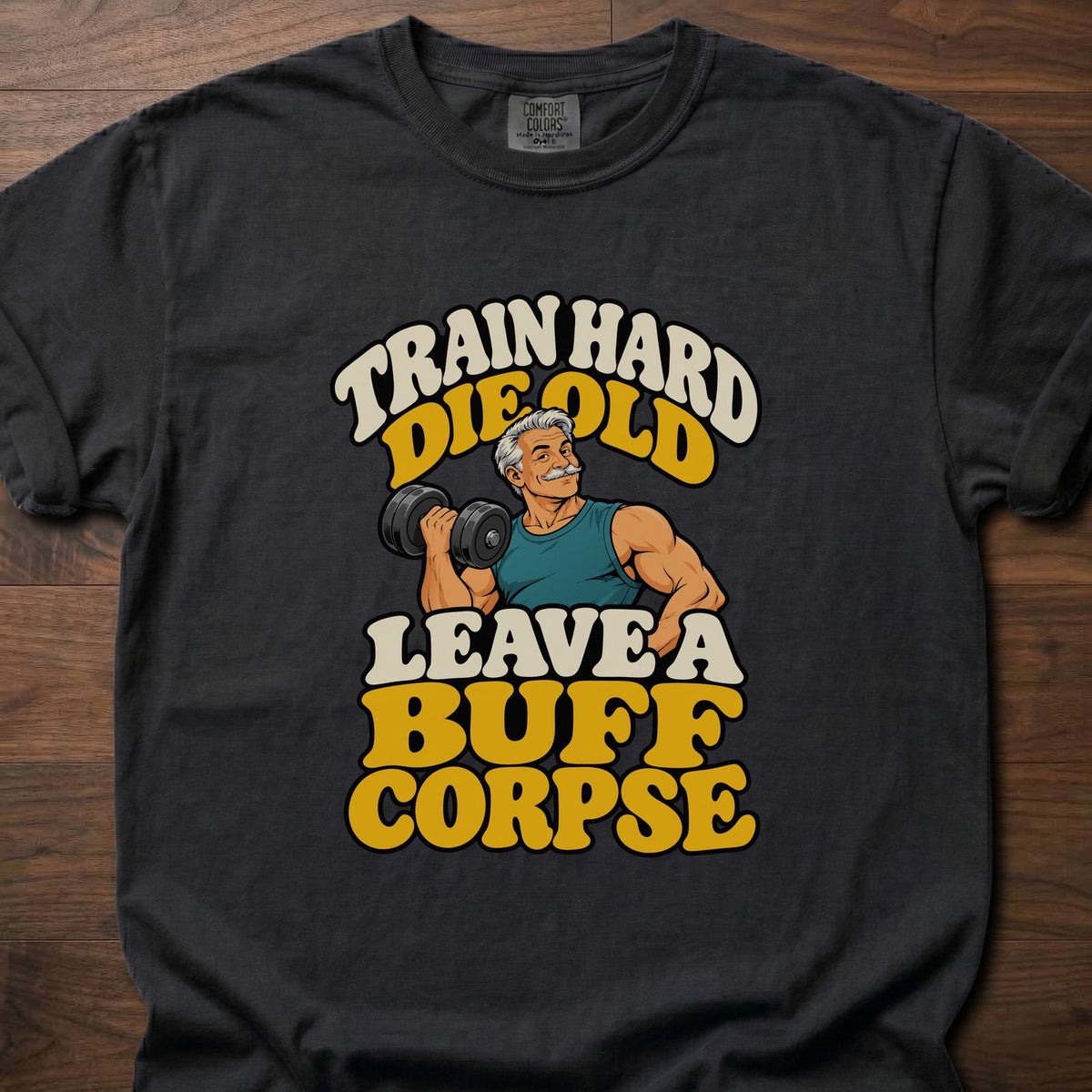 Buff Corpse funny gym shirt with bold retro illustrated character graphic – Black