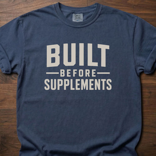 Built Before Supplements strength training lifestyle shirt with bold stacked block lettering – Navy
