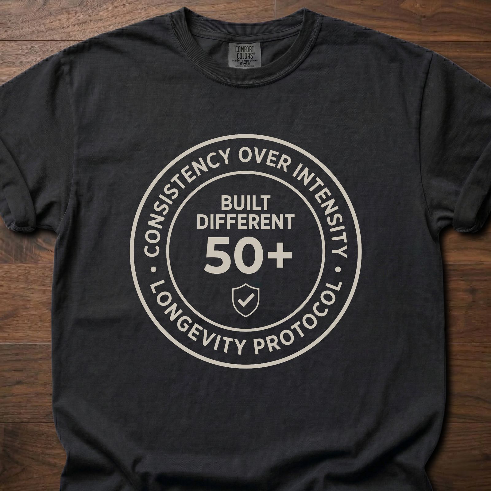 Built Different strength training t shirt with 50+ longevity protocol badge design – Black