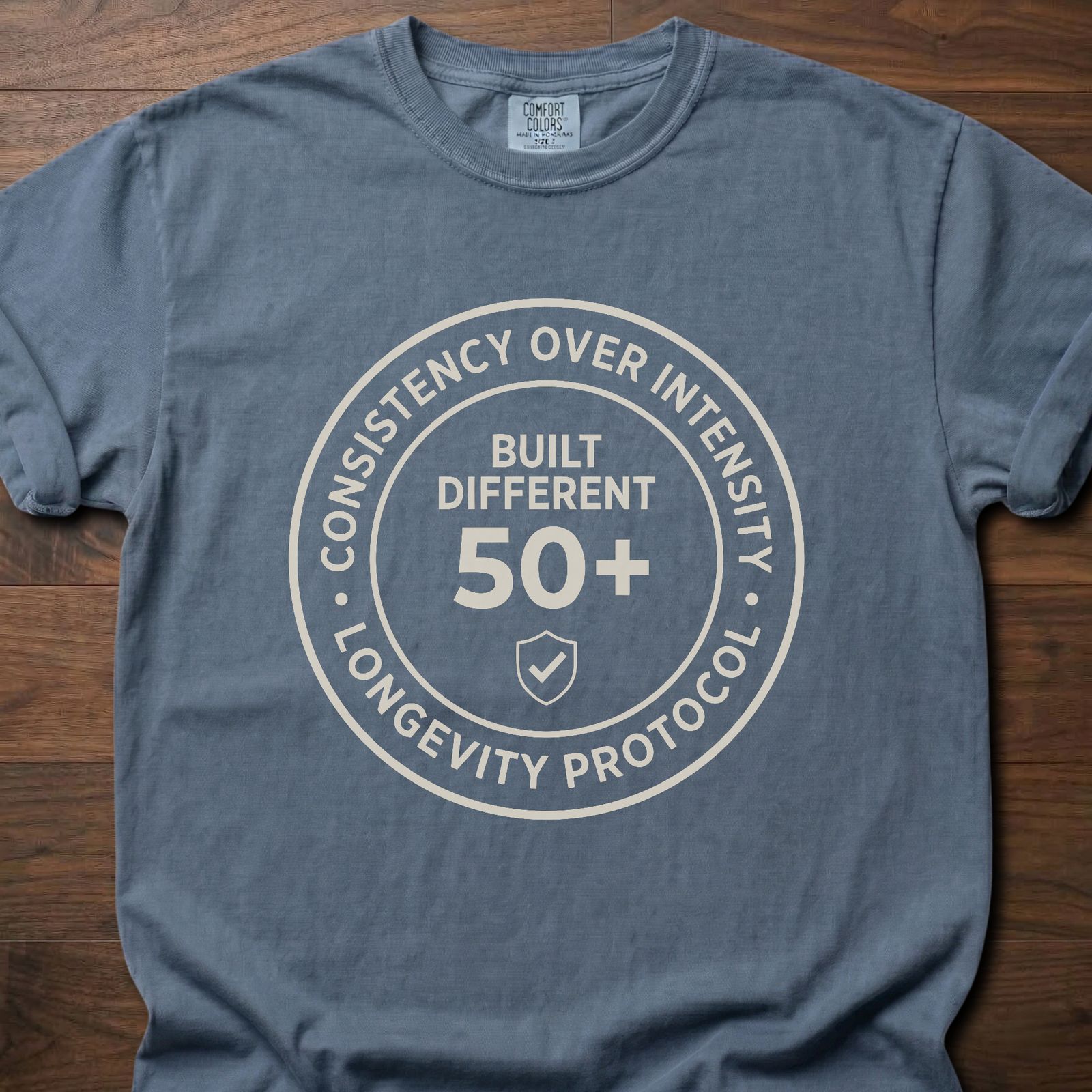Built Different strength training t shirt with 50+ longevity protocol badge design – Blue Jean