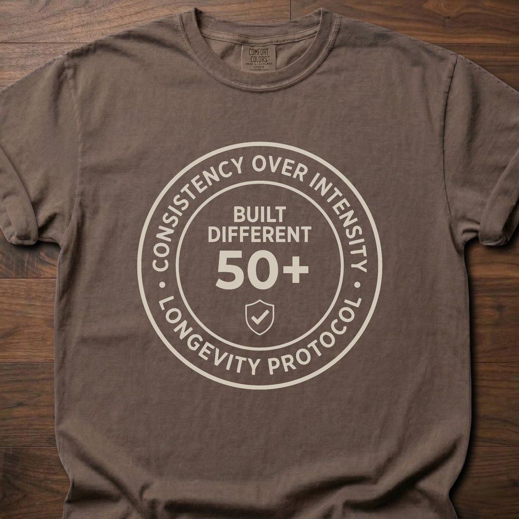 Built Different strength training t shirt with 50+ longevity protocol badge design – Espresso