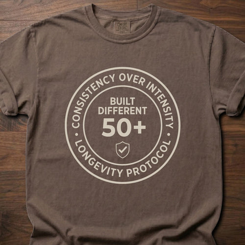 Built Different strength training t shirt with 50+ longevity protocol badge design – Espresso